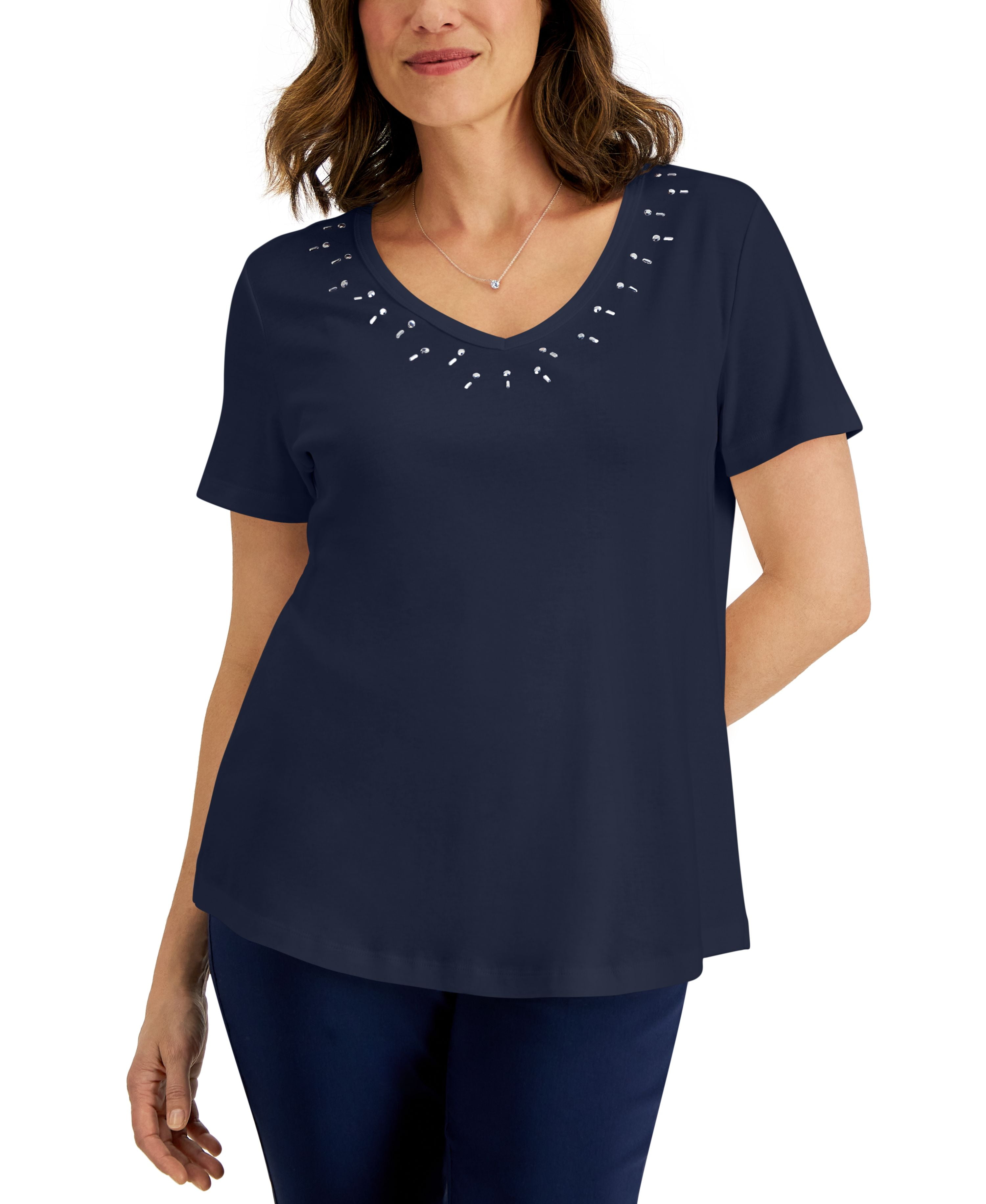 Karen Scott Womens Stud Trim Ladder Neck Top Green Size X Large main image 0