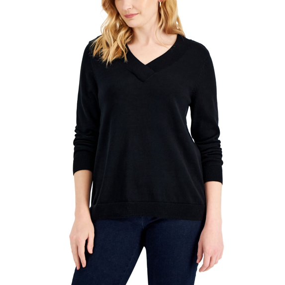 Karen Scott Womens Cotton V Neck Sweater Deep Black L