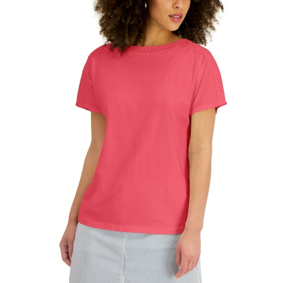 Karen Scott Womens Crochet Trim Top Peony Coral XS