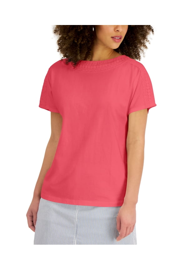 Womens Crochet Trim Top Peony Coral XS