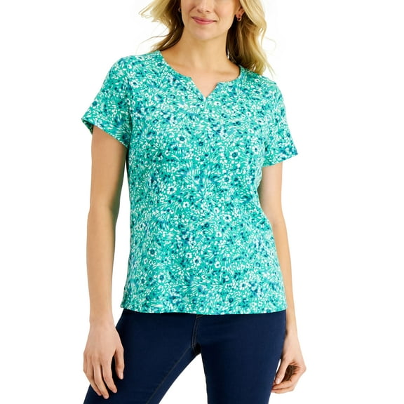 Karen Scott Womens Ditsy Dream Floral Print Top Green Verde L