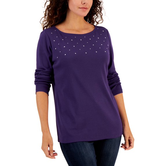 Karen Scott Womens Embellished Cotton Tunic Top Cassis L
