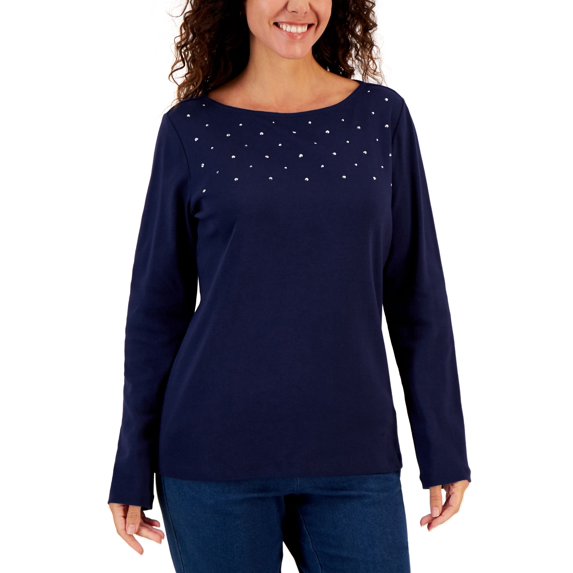 Karen Scott Womens Embellished Cotton Tunic Top Intrepid Blue L