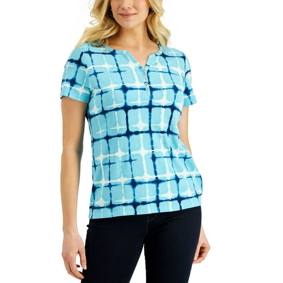 Karen Scott Womens Firecracker Printed Henley Top Aqua Oasis XL