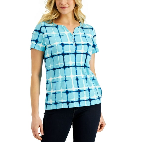 Karen Scott Womens Firecracker Printed Henley Top Aqua Oasis XL