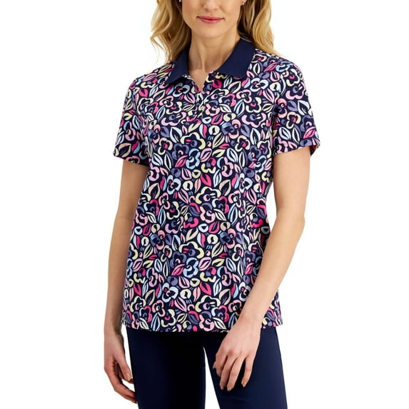 Karen Scott Womens Floral Polo Shirt Intrepid Blue M