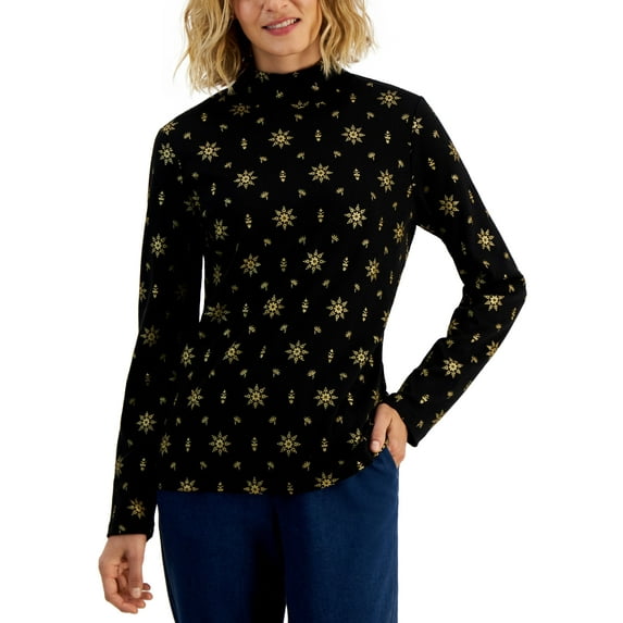 Karen Scott Womens Glitter Snowflake Mock Neck Top Deep Black Snowflake M