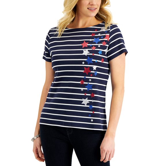 Karen Scott Womens Glitter Star Striped Top Intrepid Blue S