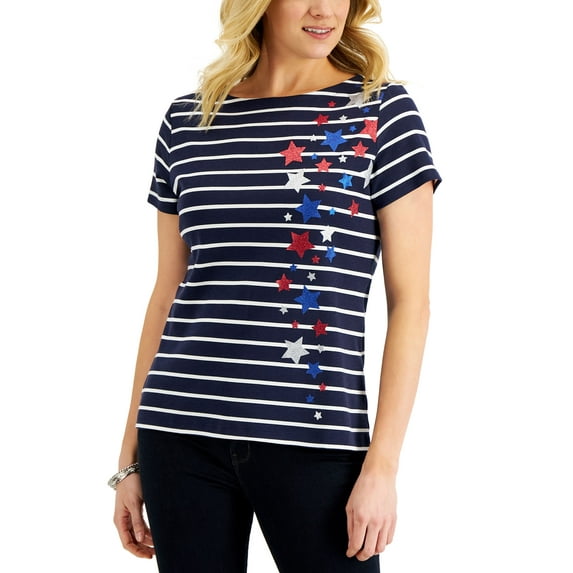 Karen Scott Womens Glitter Star Striped Top Intrepid Blue XL