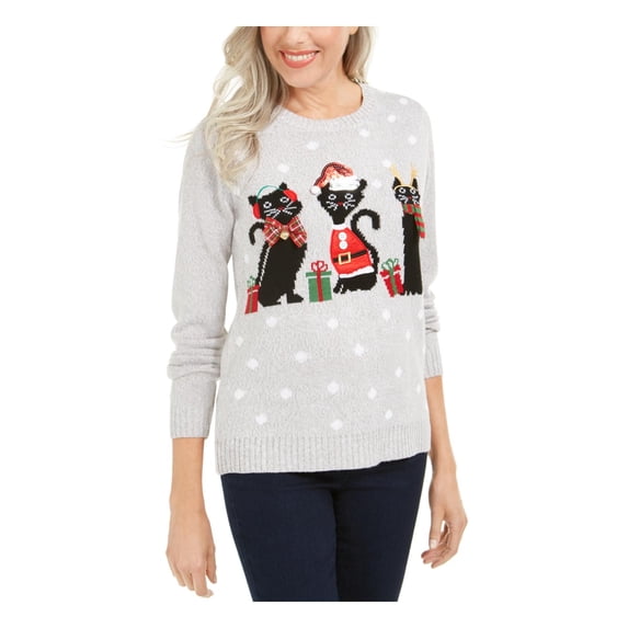 Karen Scott Womens Holiday Cat Applique Pullover Sweater Gray XL