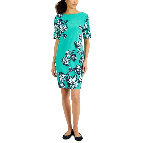 Karen Scott Womens Holiday Floral Printed Dress Green Verde XS