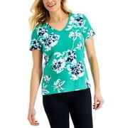 Karen Scott Womens Holiday Floral Printed Top Green Verde L