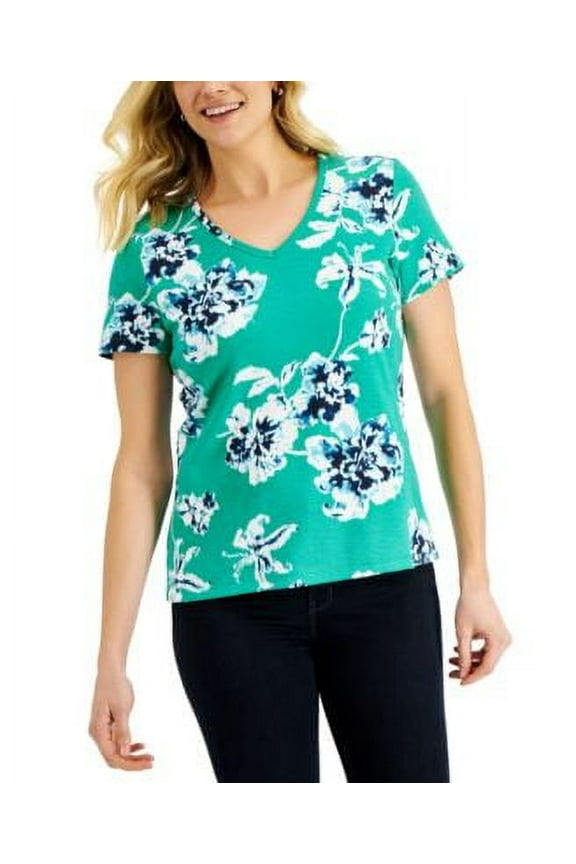 Womens Holiday Floral Printed Top Green Verde S