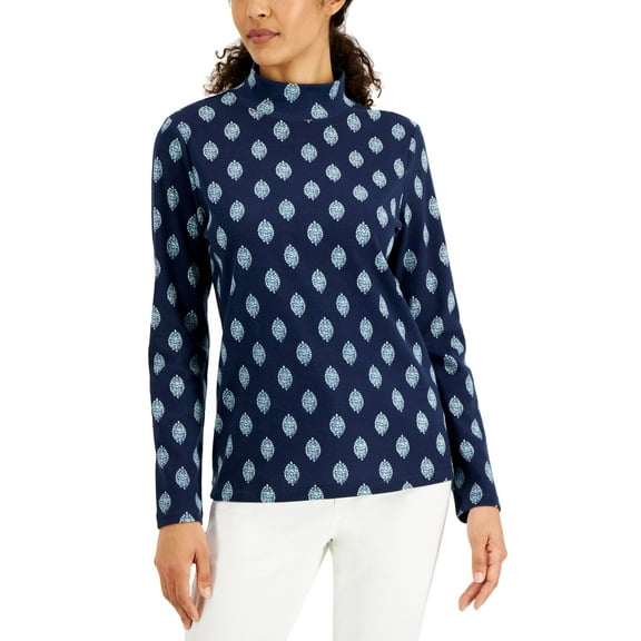 Karen Scott Womens Ikat Foulard Printed Mock Neck Top Intrepid Blue L