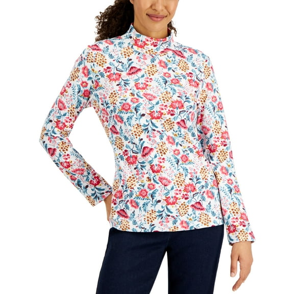 Karen Scott Womens Janelle Printed Mock Neck Top Bright White L