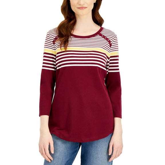 Karen Scott Womens Lady Stripe T-Shirt Malbec 2XL