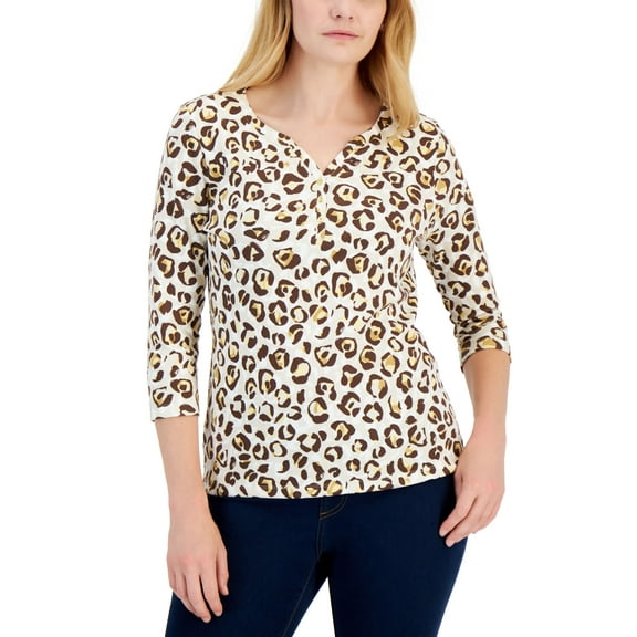 Karen Scott Womens Leopard Print 3/4 Sleeve Henley Top Pebble XL