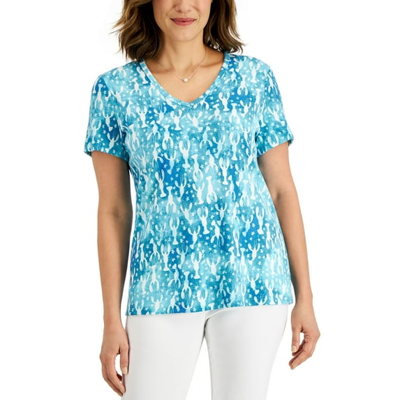 Karen Scott Womens Lobster Love Printed Top Aqua Oasis L