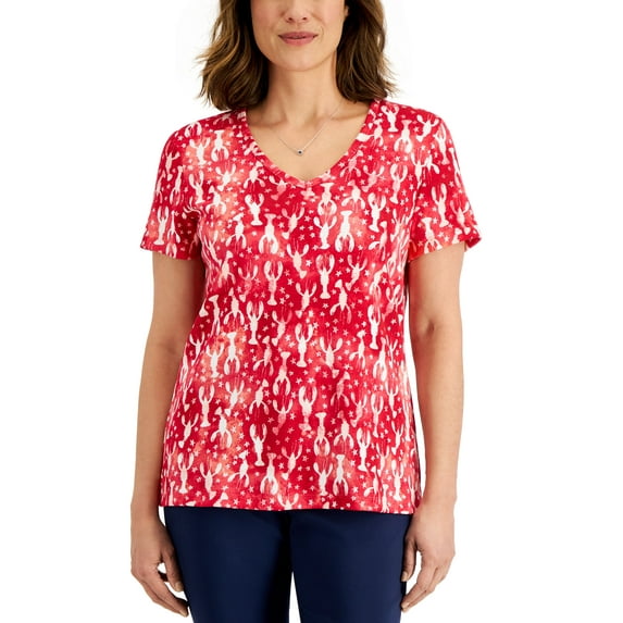 Karen Scott Womens Lobster Love Printed Top New Red Amore S