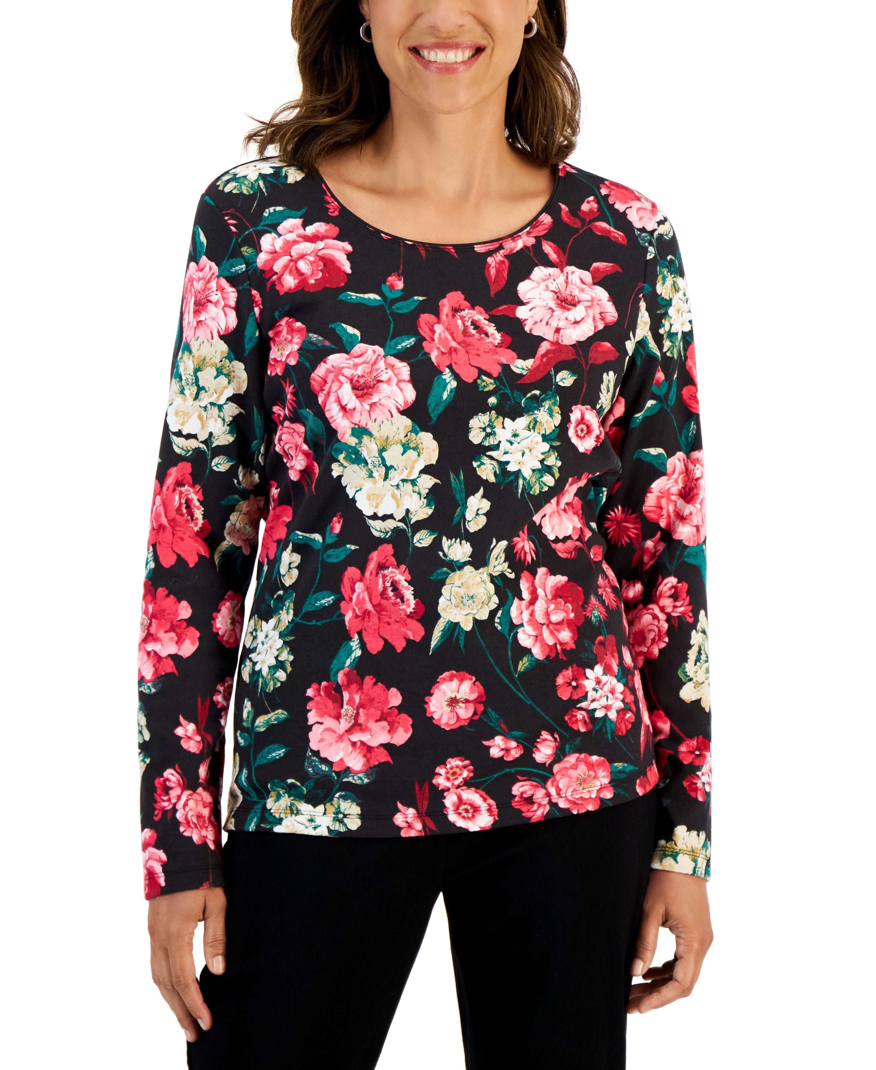 Karen Scott Women's 3/4 Sleeve Cotton Zip-Neck Top Bright