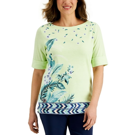 Karen Scott Womens Maui Oasis Printed Top Calm Aloe XS
