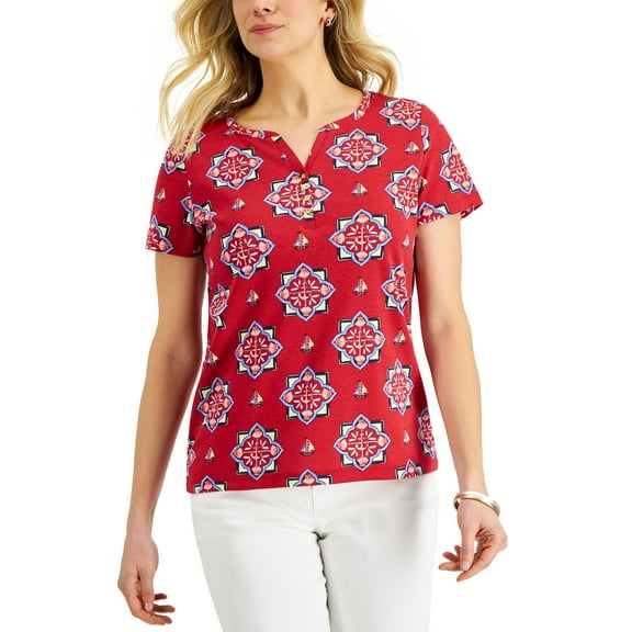 Karen Scott Womens Medallion Medley Printed Henley Top New Red Amore XS