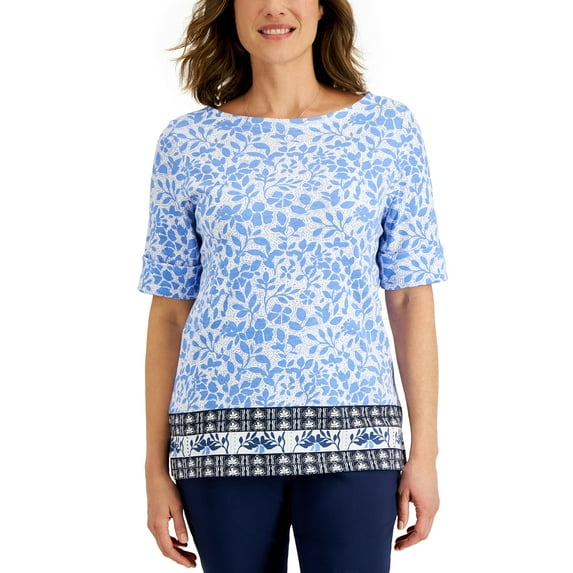 Karen Scott Womens Oahu Dreams Printed Top Intrepid Blue S