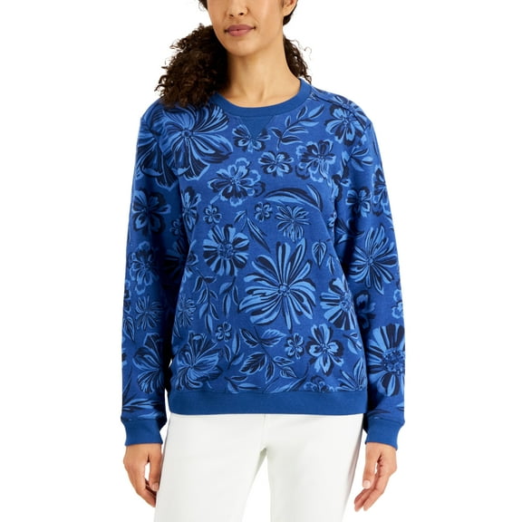 Karen Scott Womens Ojai Blooms Fleece Top Dark Cornflower XS
