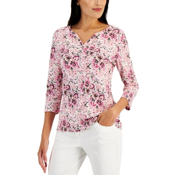 Karen Scott Womens Painted Fans Printed Henley Top Polished Orchid XS