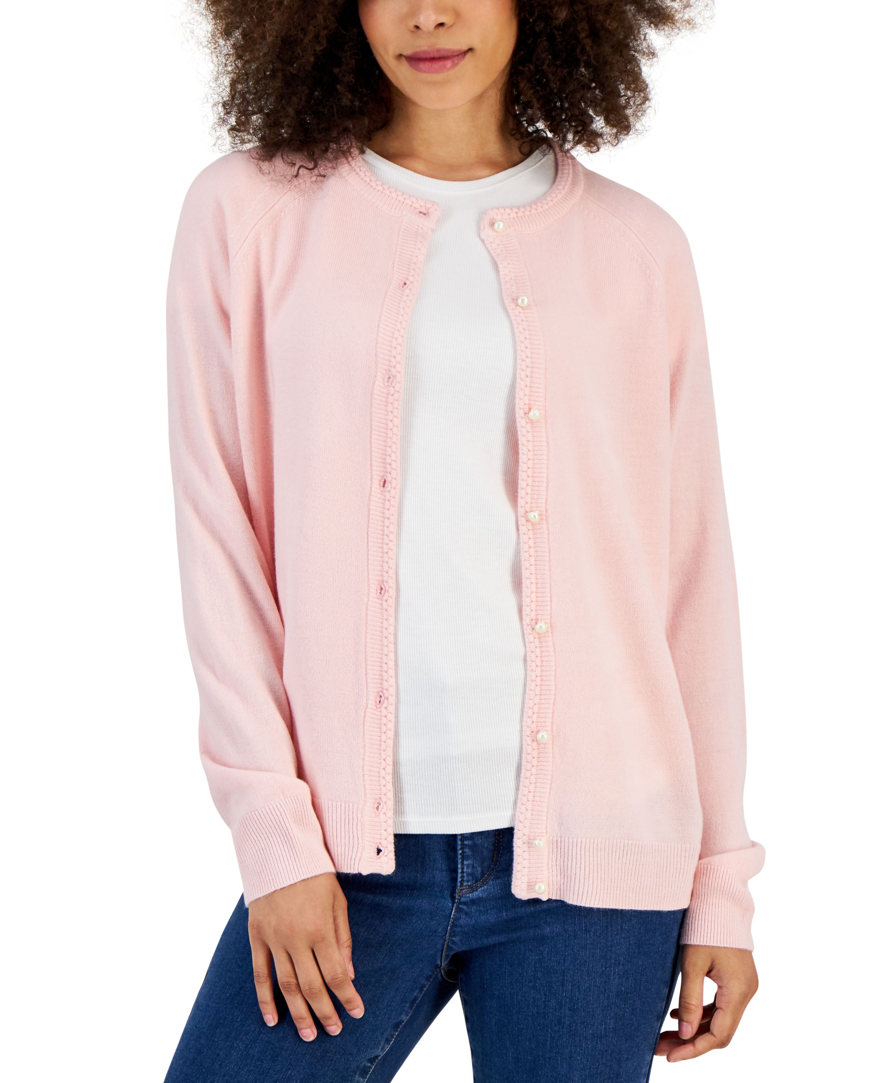 Paerized Karen Scott Womens Pearlized Button Crewneck Cardigan Soft Pink XL ...
