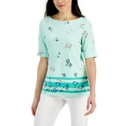 Karen Scott Womens Petite Printed Boat Neck Top Aqua Ice PXS