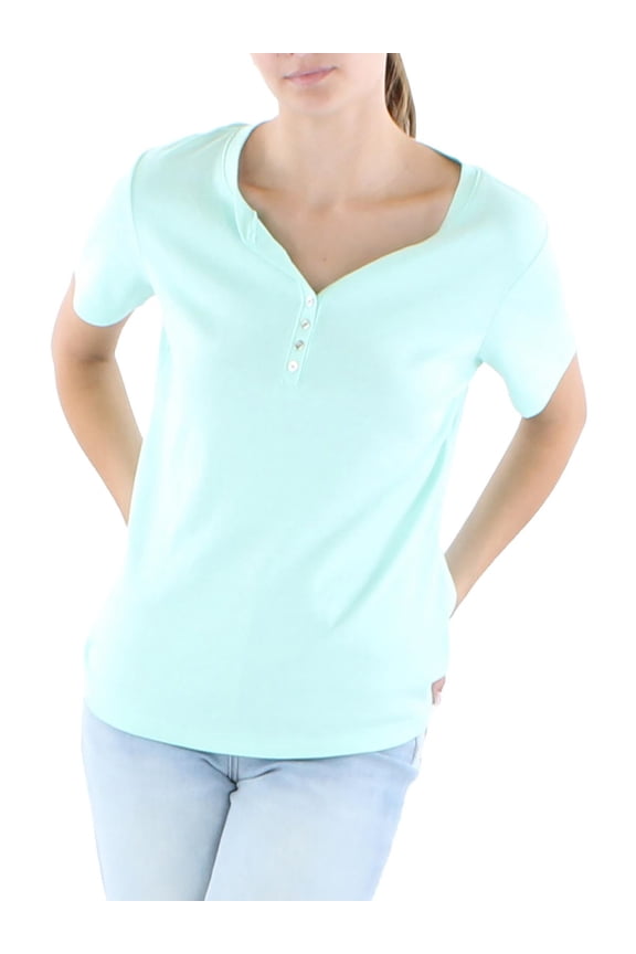 Womens Petites Cotton Knit Henley Top