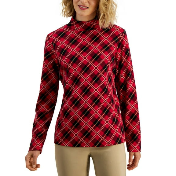 Karen Scott Womens Plaid Mock Neck Top New Red Amore XL