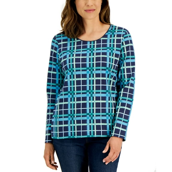 Karen Scott Womens Plaid Top Intrepid Blue XS