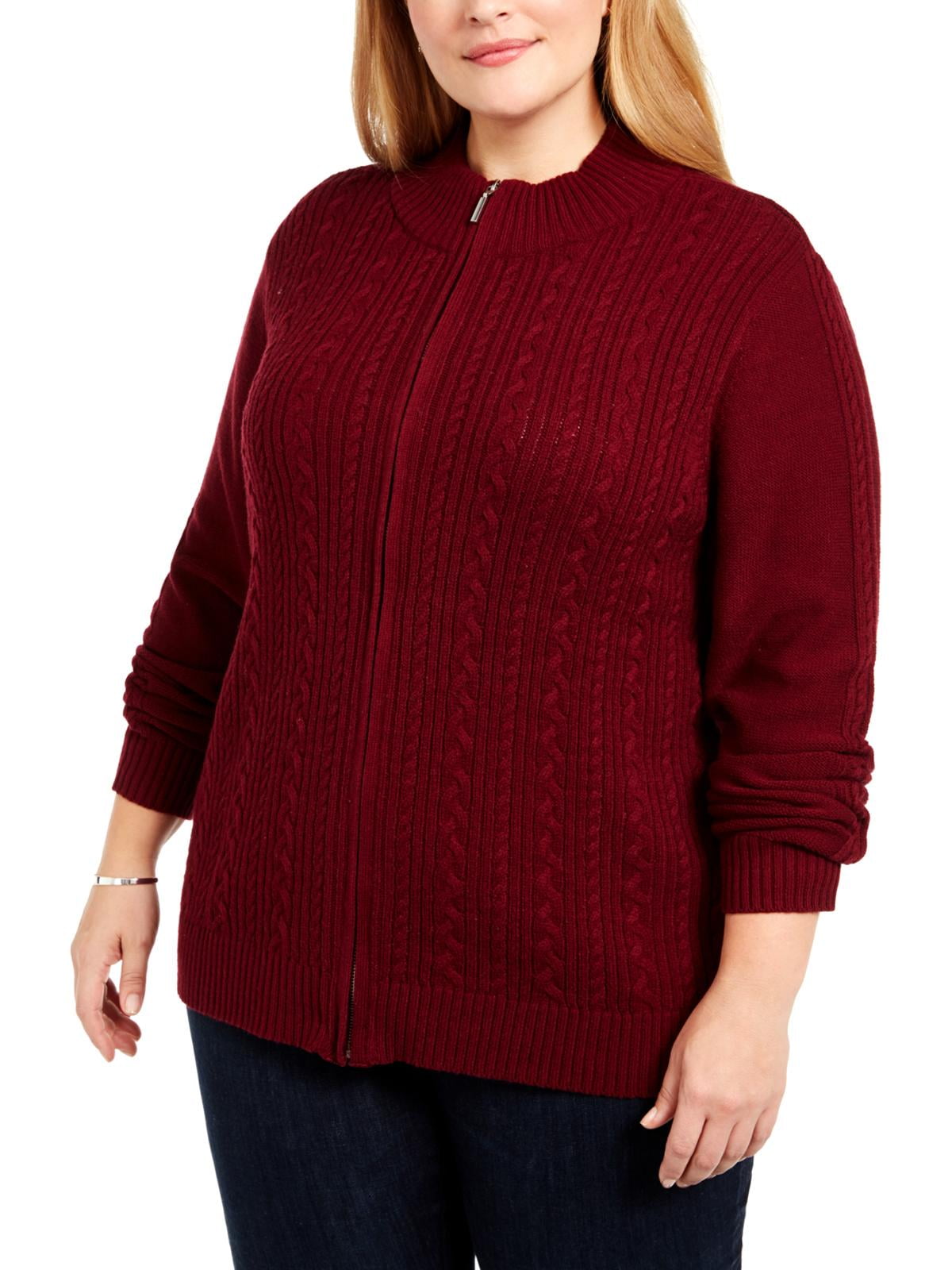 Karen Scott Womens Plus Cable Knit Zip Front Cardigan Sweater