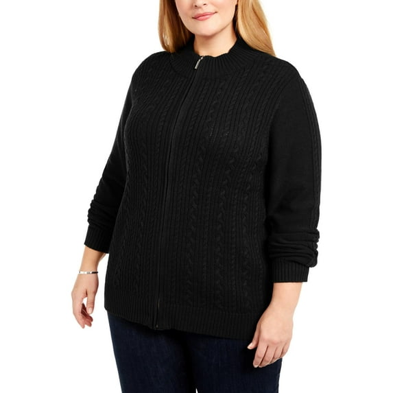 Karen Scott Womens Plus Cable Knit Zip Front Cardigan Sweater