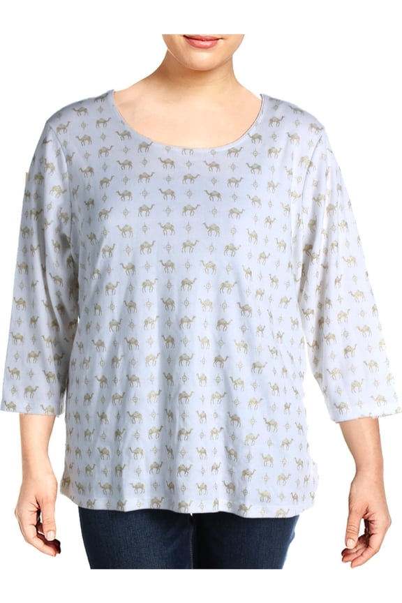 Womens Plus Camel Crewneck Printed Pullover Top White 3X