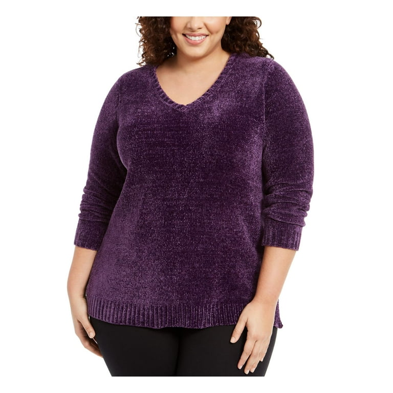 Karen Scott Womens Plus Chenille Pullover V Neck Sweater Purple 1X