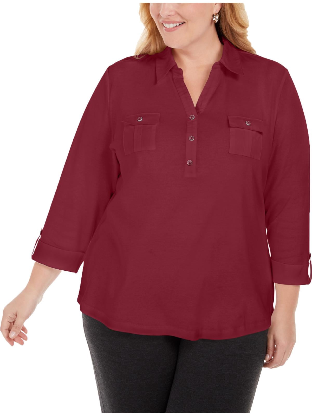 Karen Scott Womens Petite Largeus Size Cotton 3 4 Sleeve Polo Top Black Size 0x