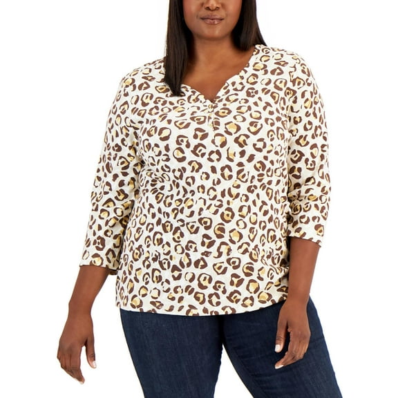 Karen Scott Womens Plus Cotton Blend Leopard Print Henley