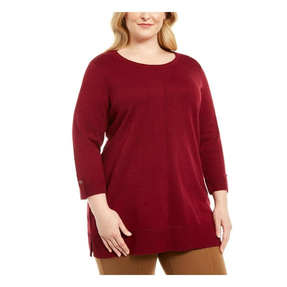Karen Scott Womens Plus Cotton Contrast Trim Crewneck Sweater Red 0X