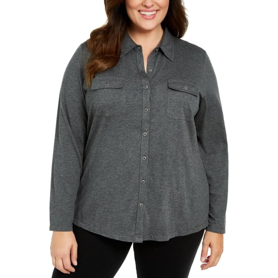 Karen Scott Womens Plus Cotton Stretch Knit Button-Down Top