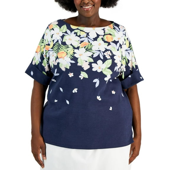 Karen Scott Plus Size Fiji Getaway Top3643 Intrepid Blue 1X