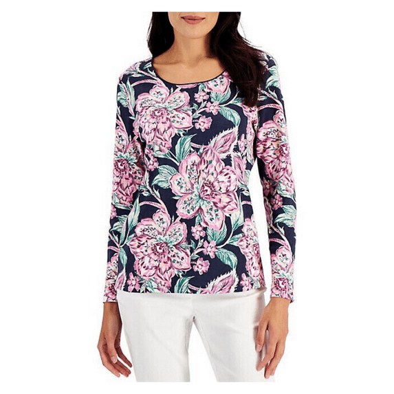 Karen Scott Womens Plus Lattice Full Sleeve Blouse Cotton, Floral, Size PP