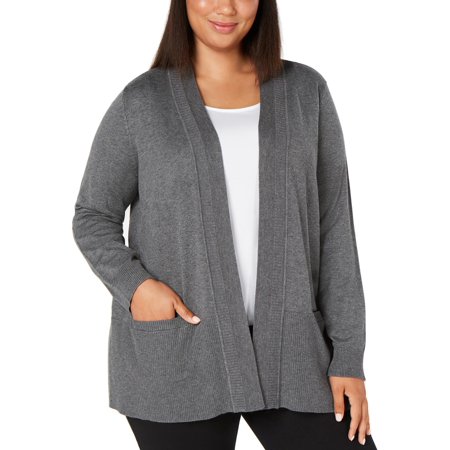 Karen Scott Womens Plus Ribbed Trim Long Cardigan Sweater Gray 3X