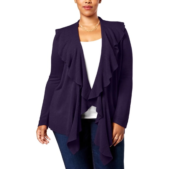 Karen Scott Womens Plus Ruffled Shawl Collar Cardigan Sweater