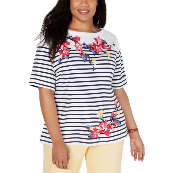 NEW Karen Scott Women's Plus Mixed-Print Elbow Sleeve Boat Neck Top Size 0X