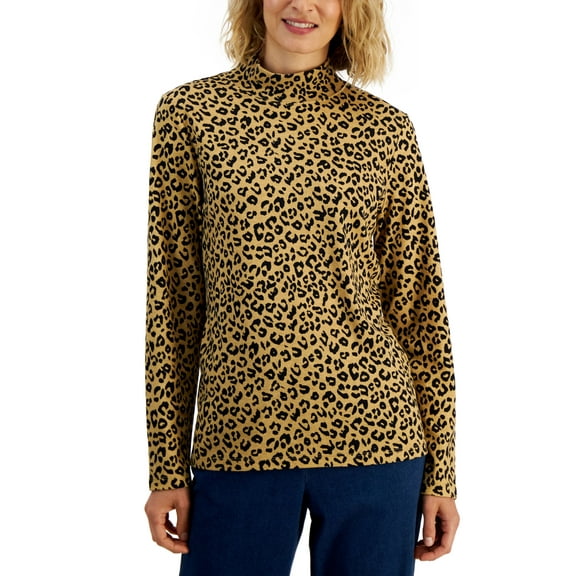 Karen Scott Womens Printed Mock Neck Top Icy Coffee XS