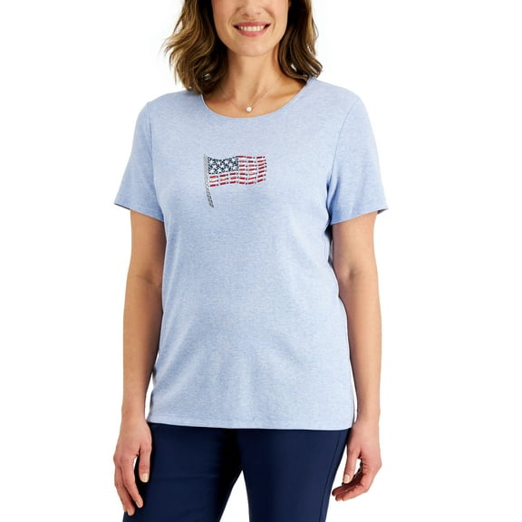 Karen Scott Womens Rhinestone Flag Top Light Blue Heather XL