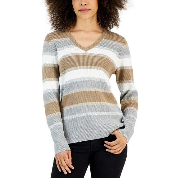 Karen Scott Womens Ribbed V Neck Sweater Chestnut Heather Combo XL